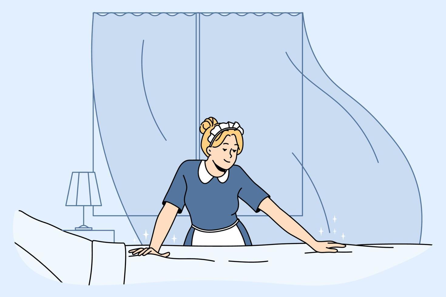 hembiträde ändring strö rengöring hotell rum. hushållerska i enhetlig arbetssätt. hushållning service. vektor illustration.