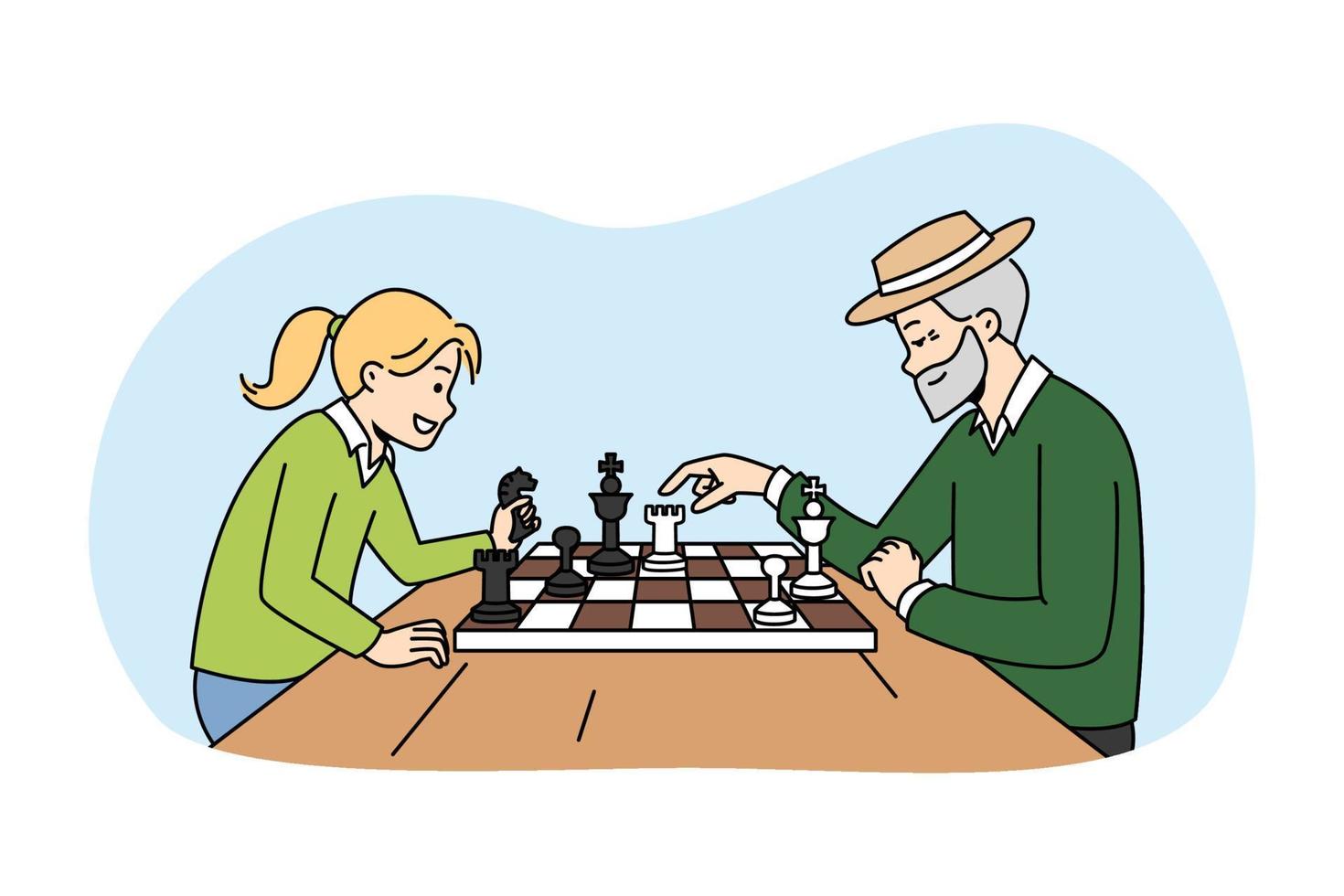 mogna farfar spelar schack med små flicka. Lycklig äldre man njut av styrelse spel med liten barn. hobby och fritid tid. vektor illustration.