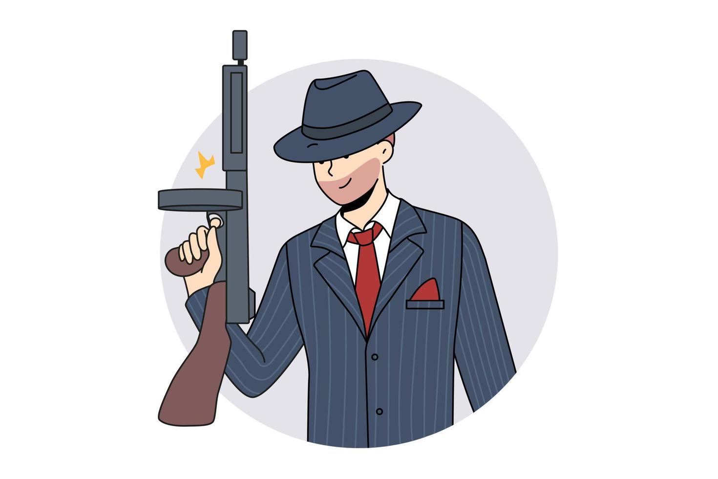 skäggig man kriminell i kostym och hatt innehav handeldvapen. manlig gangster med pistol i händer. begrepp av brottslighet och maffian. vektor illustration.