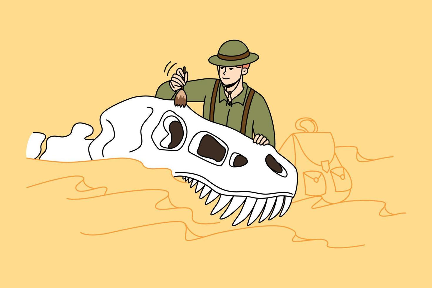 Paläontologe untersucht Dinosaurierreste an archäologischer Stätte. mann wissenschaftler, der mit alten tierausgrabungen arbeitet. Paläontologie und Wissenschaftler. Vektor-Illustration. vektor