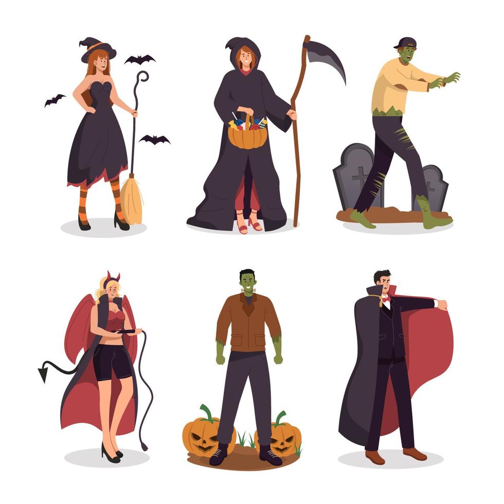 människor i halloween kostymer. häxa, dyster skördeman, zombie, jäkel, frankenstein, dracula karaktär illustration vektor