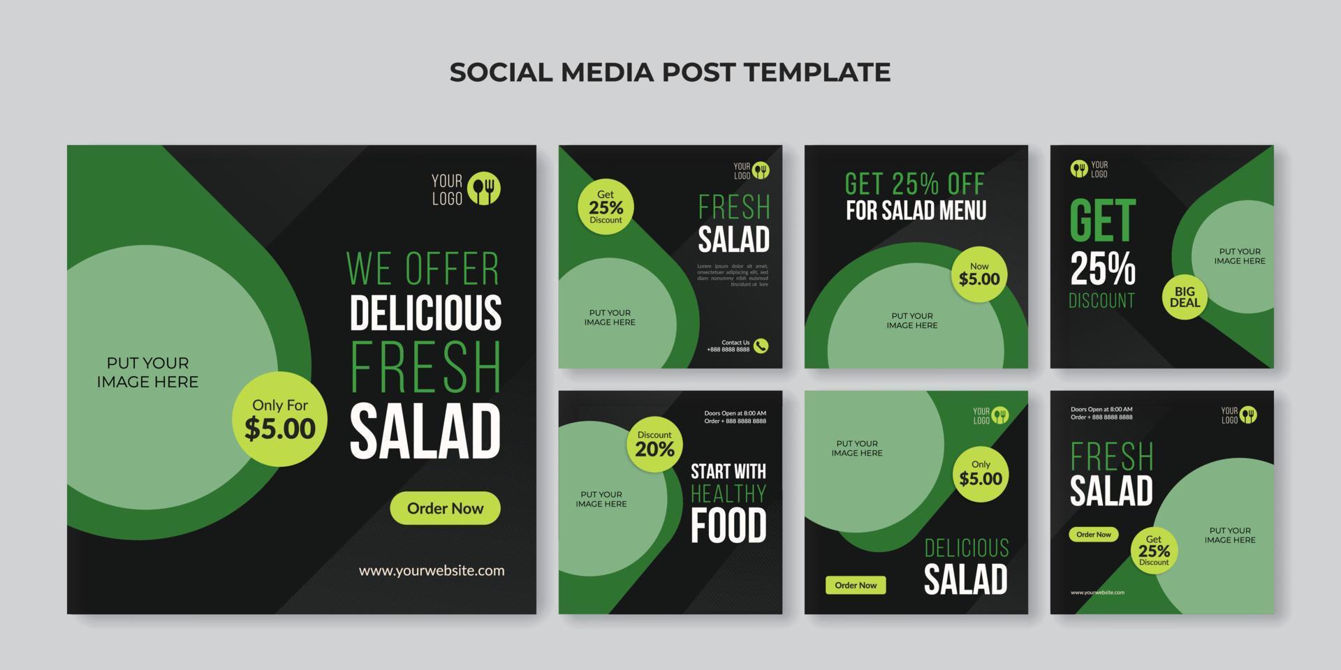 Social-Media-Beitragsvorlage für frischen Salat. Food-Banner für Restaurant oder Café vektor