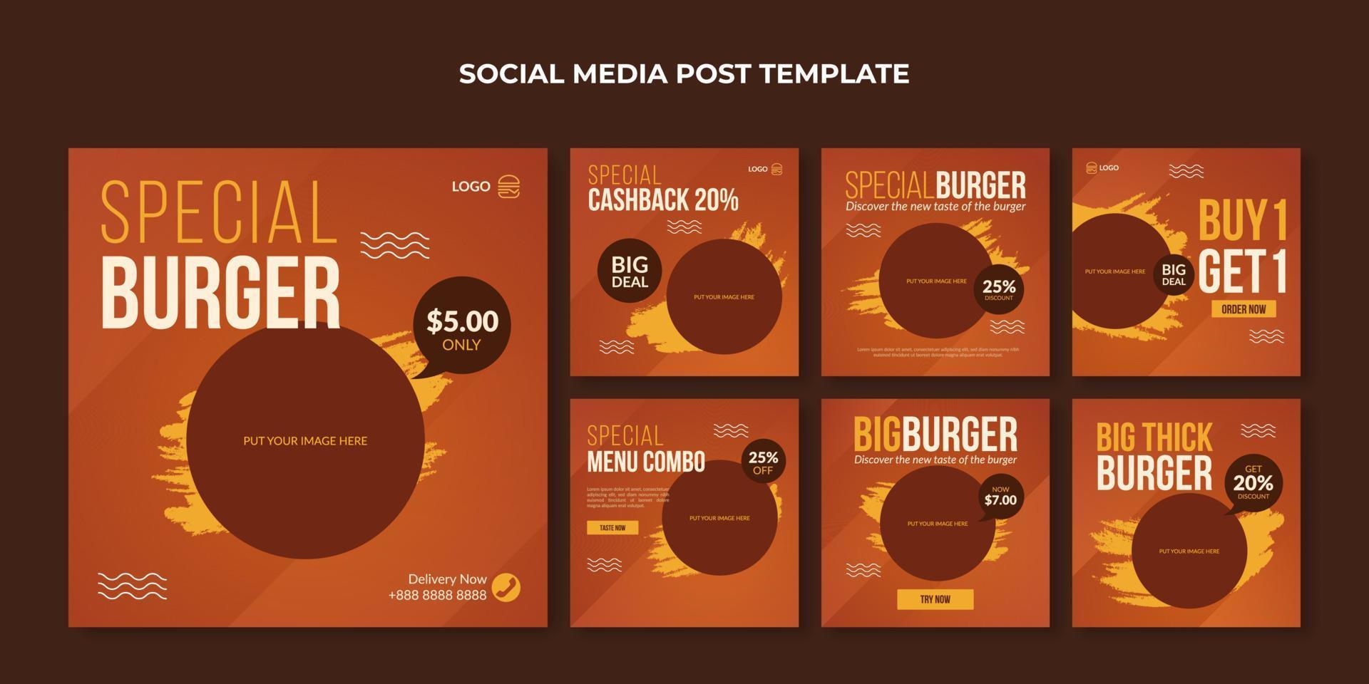spezielle Burger-Social-Media-Beitragsvorlage. Food-Banner für Restaurant oder Café vektor