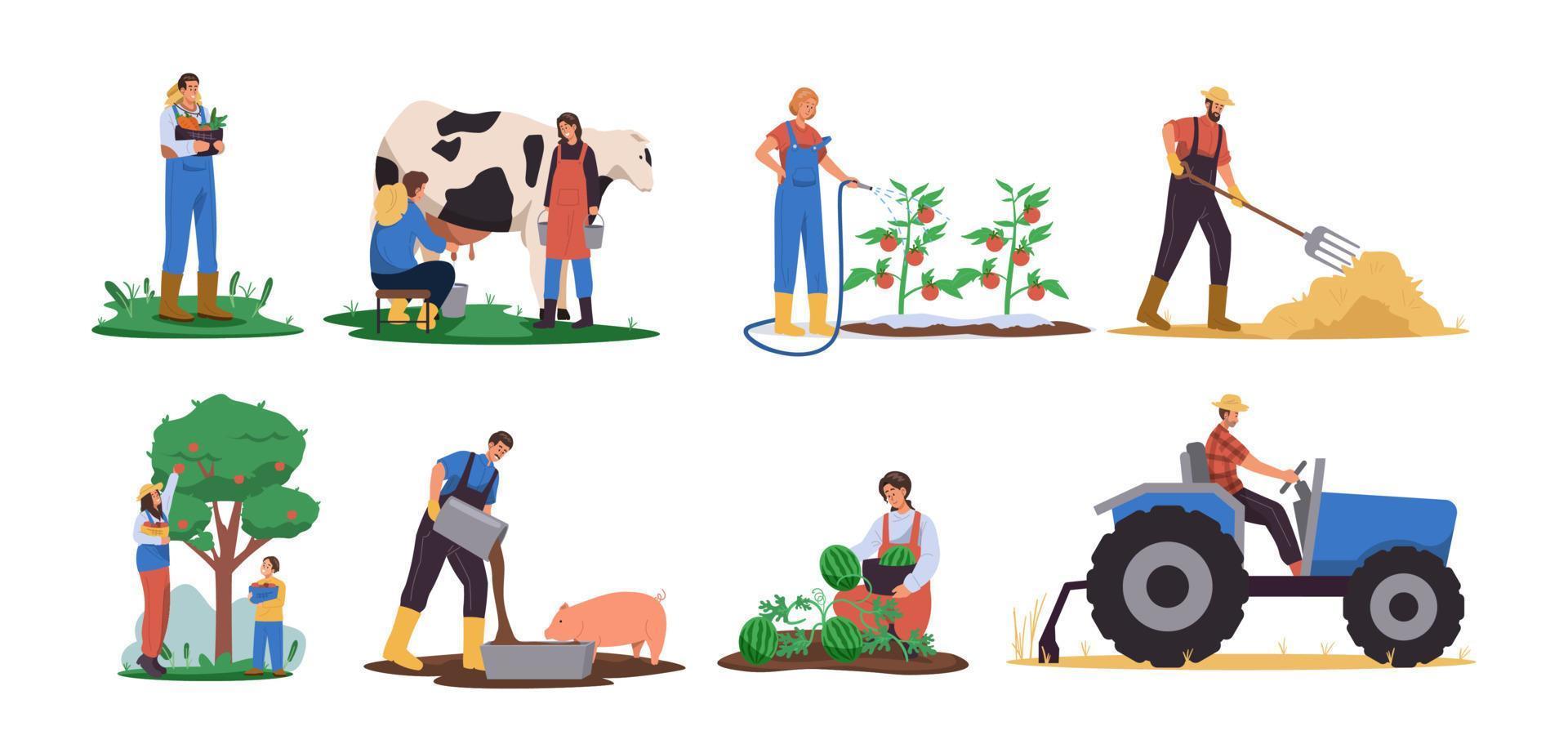 jordbruks arbetare sammankomst skörda, plantering gröda, matning djur, arbetssätt på traktor. jordbrukare arbetssätt i fält vektor
