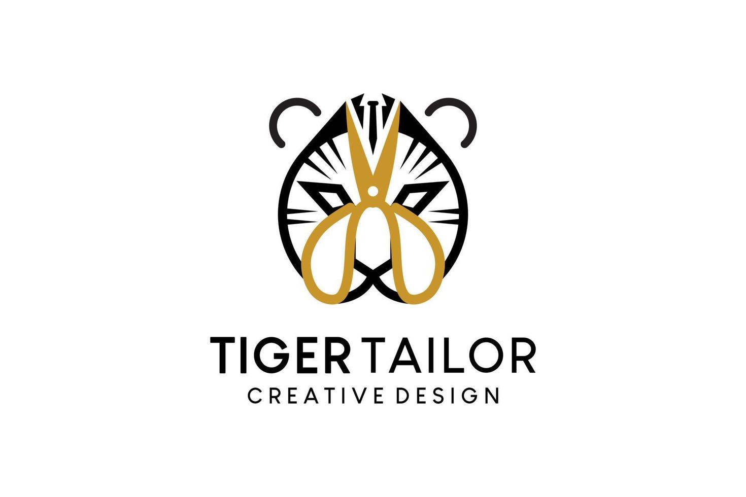 skräddare logotyp design med sax och tiger huvud vektor illustration begrepp