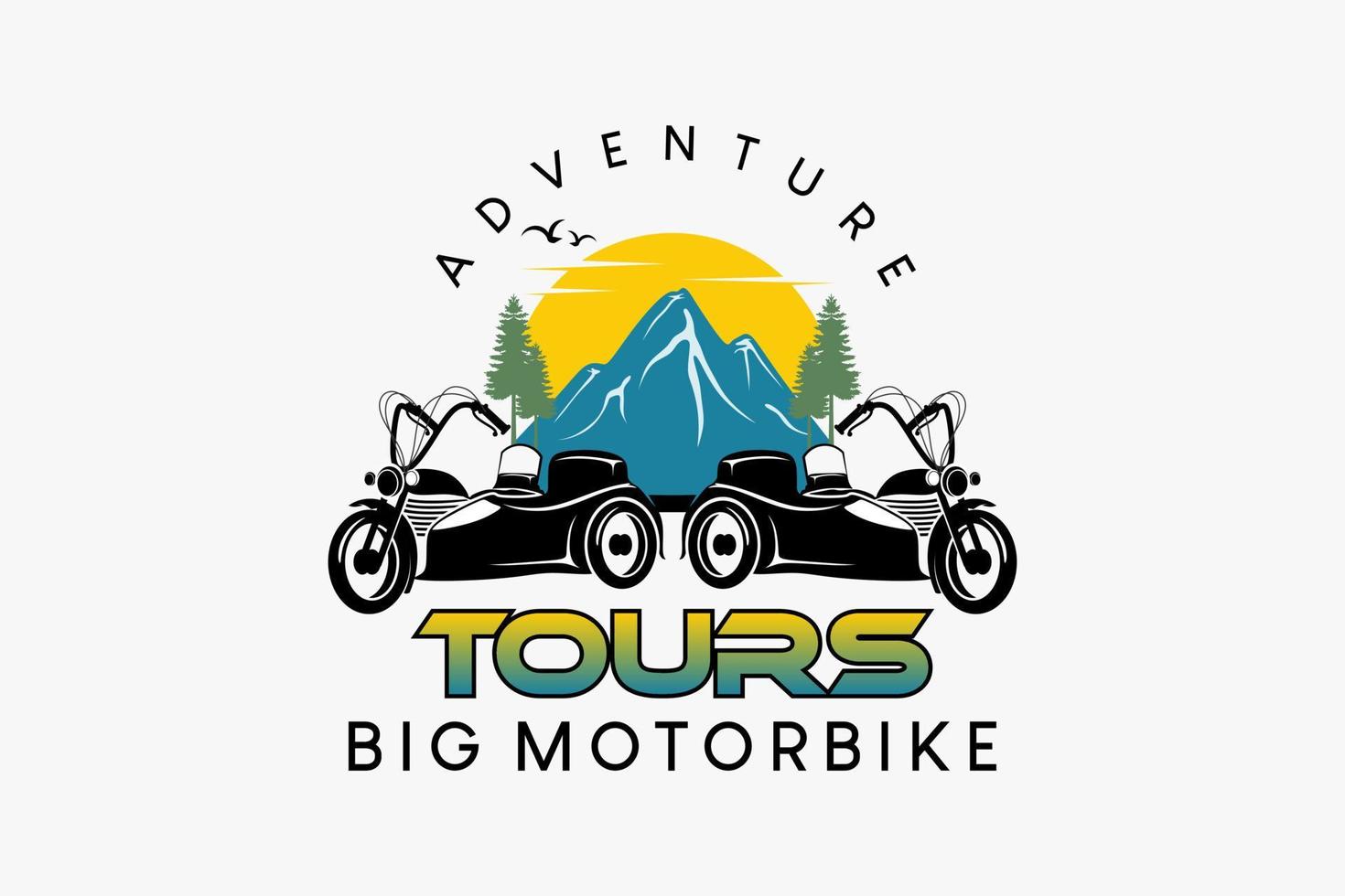 großes Motorrad-Beiwagen-Logo-Design für Reisen oder Abenteuer, große Motorrad-Silhouette kombiniert mit der Natur im kreativen Retro-Farbkonzept vektor