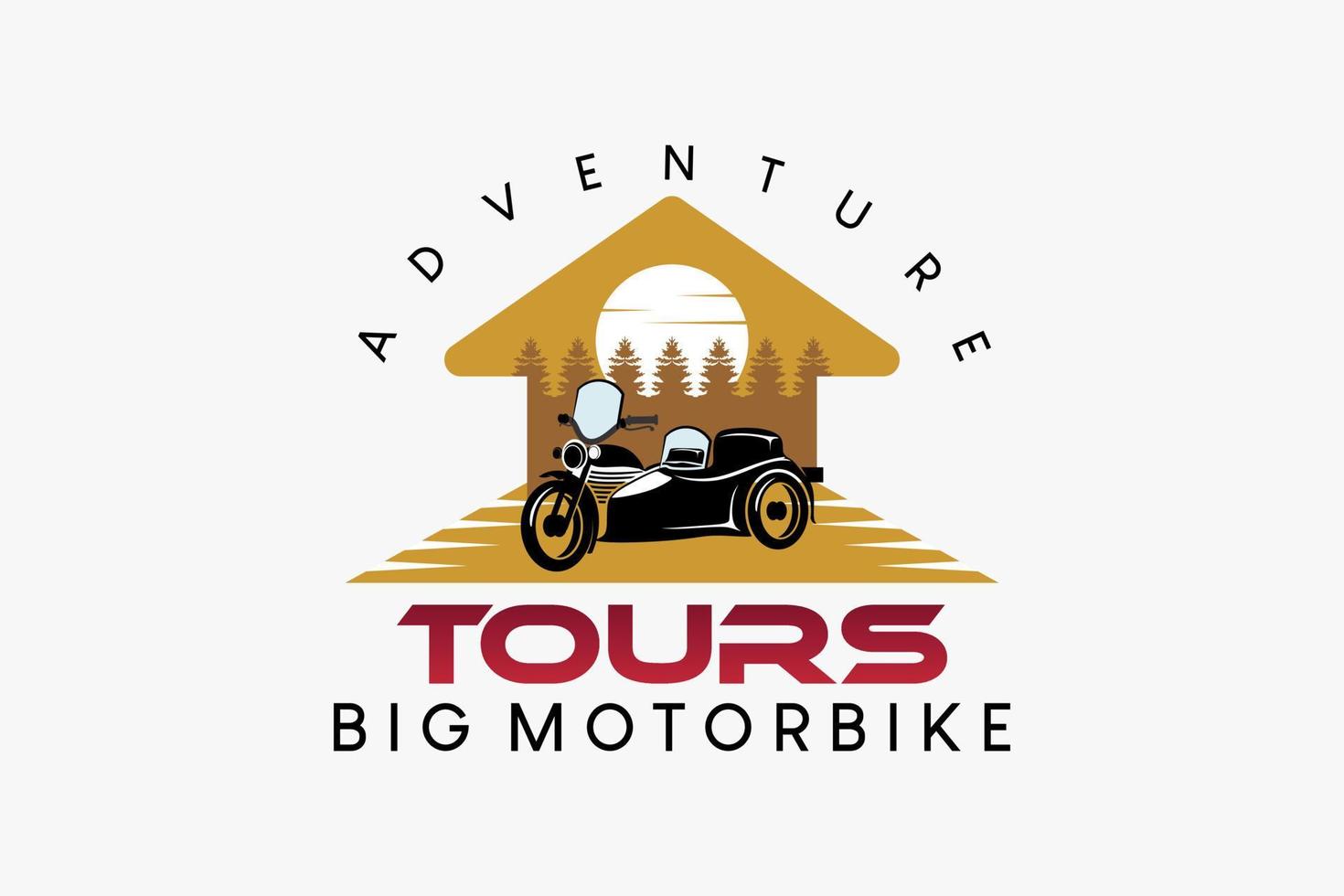 großes Motorrad-Beiwagen-Logo-Design für Reisen oder Abenteuer, große Motorrad-Silhouette kombiniert mit der Natur in einer Heimikone vektor