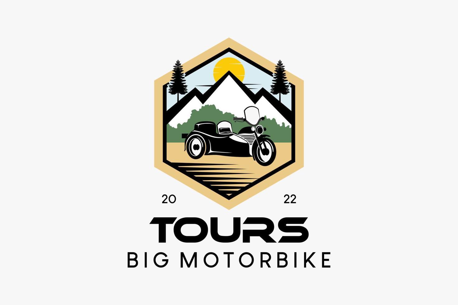 großes Fahrrad-Beiwagen-Logo-Design für Reisen oder Abenteuer, große Motorrad-Silhouette gemischt mit der Natur in einem Sechseck vektor