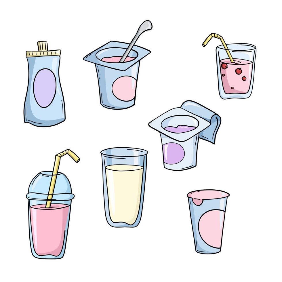 eine Reihe farbiger Symbole, Milchprodukte, Joghurt, Cocktail, Vektorillustration im Cartoon-Stil auf weißem Hintergrund vektor