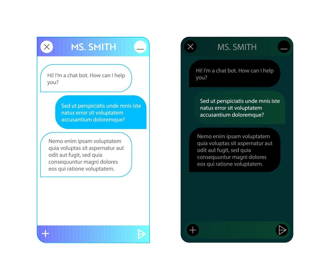 användare gränssnitt av chatbot fönster. användare gränssnitt av Ansökan med uppkopplad dialog. konversation med en robot assistent vektor