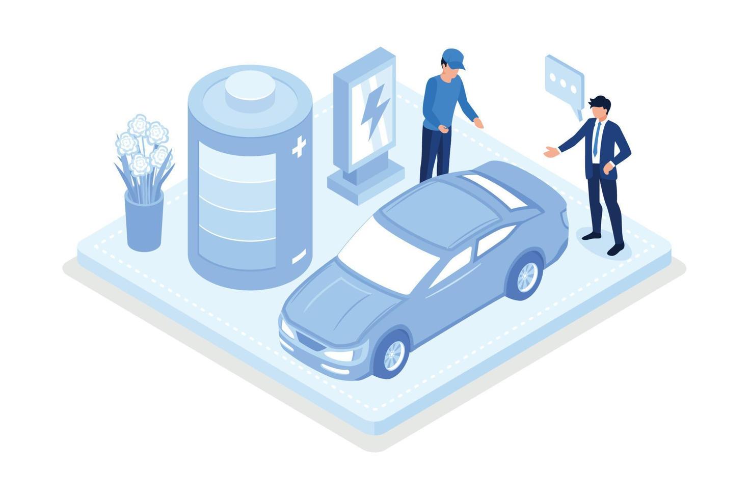 nachhaltigkeit, menschen, die versuchen, den planeten erde mit elektroauto mit batterie zu retten, isometrische vektormoderne illustration vektor