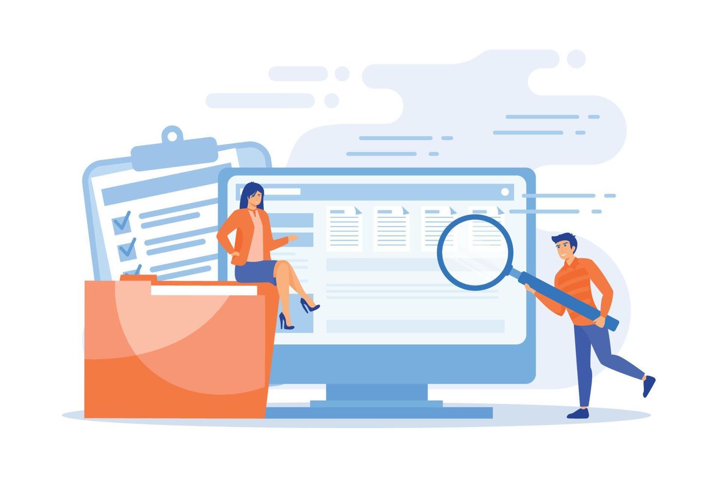 Winzige Geschäftsleute mit Lupe arbeiten mit der Dokumentenverwaltung am Computer. Dokumentenverwaltung weich, Dokumentenfluss-App, Konzept für zusammengesetzte Dokumente, moderne Illustration des flachen Vektors vektor