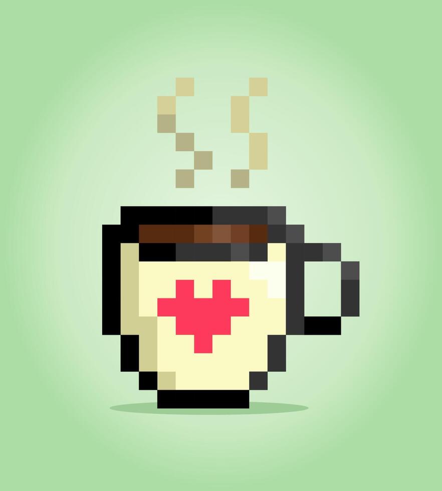 8-Bit-Pixel-Kaffeetasse-Logobild. Getränk in Vektorillustration für Spielikone. vektor