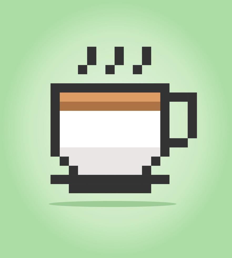 8-Bit-Pixel-Kaffeetasse-Logobild. Getränk in Vektorillustration für Spielikone. vektor