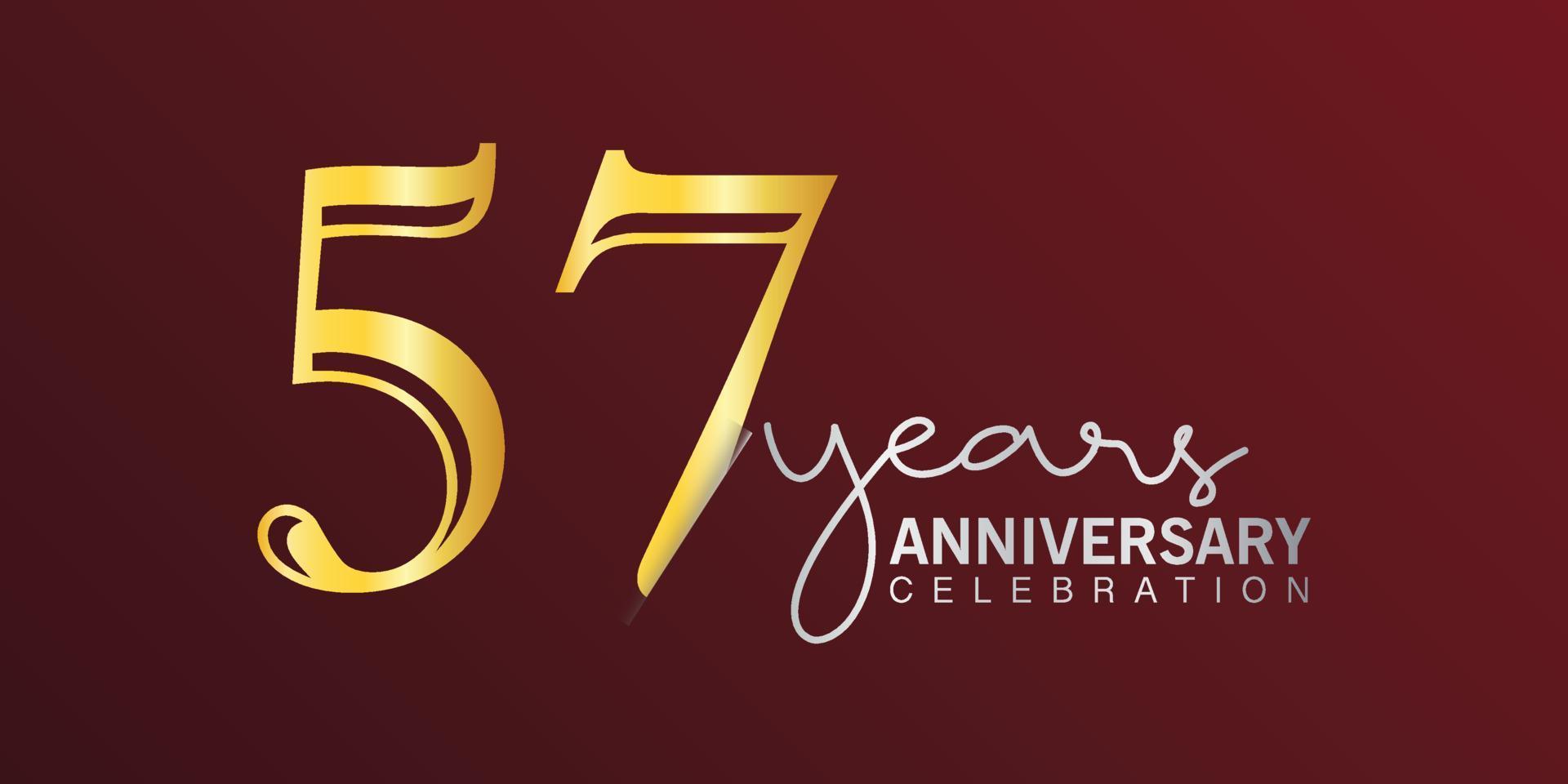 57: e årsdag firande logotyp siffra guld Färg med röd Färg bakgrund. vektor årsdag för firande, inbjudan kort, och hälsning kort