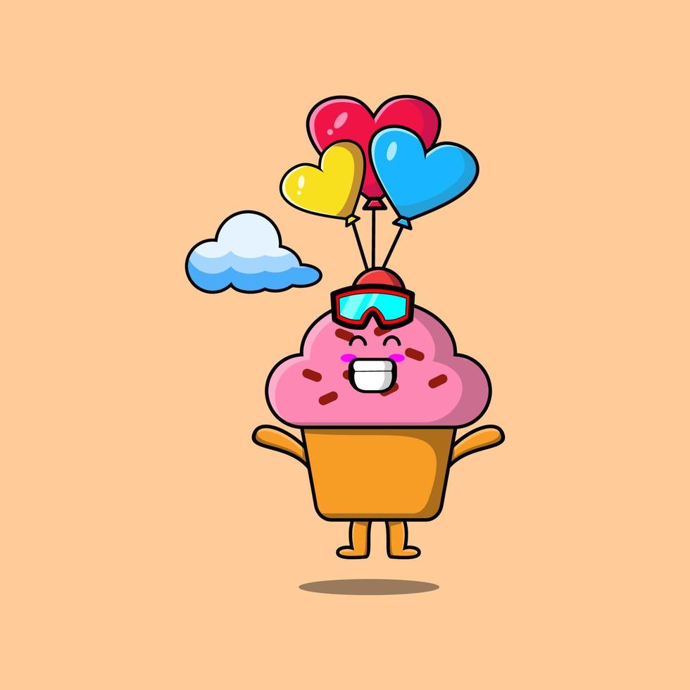süßes cartoon-cupcake-maskottchen, das mit ballon fallschirmspringt vektor