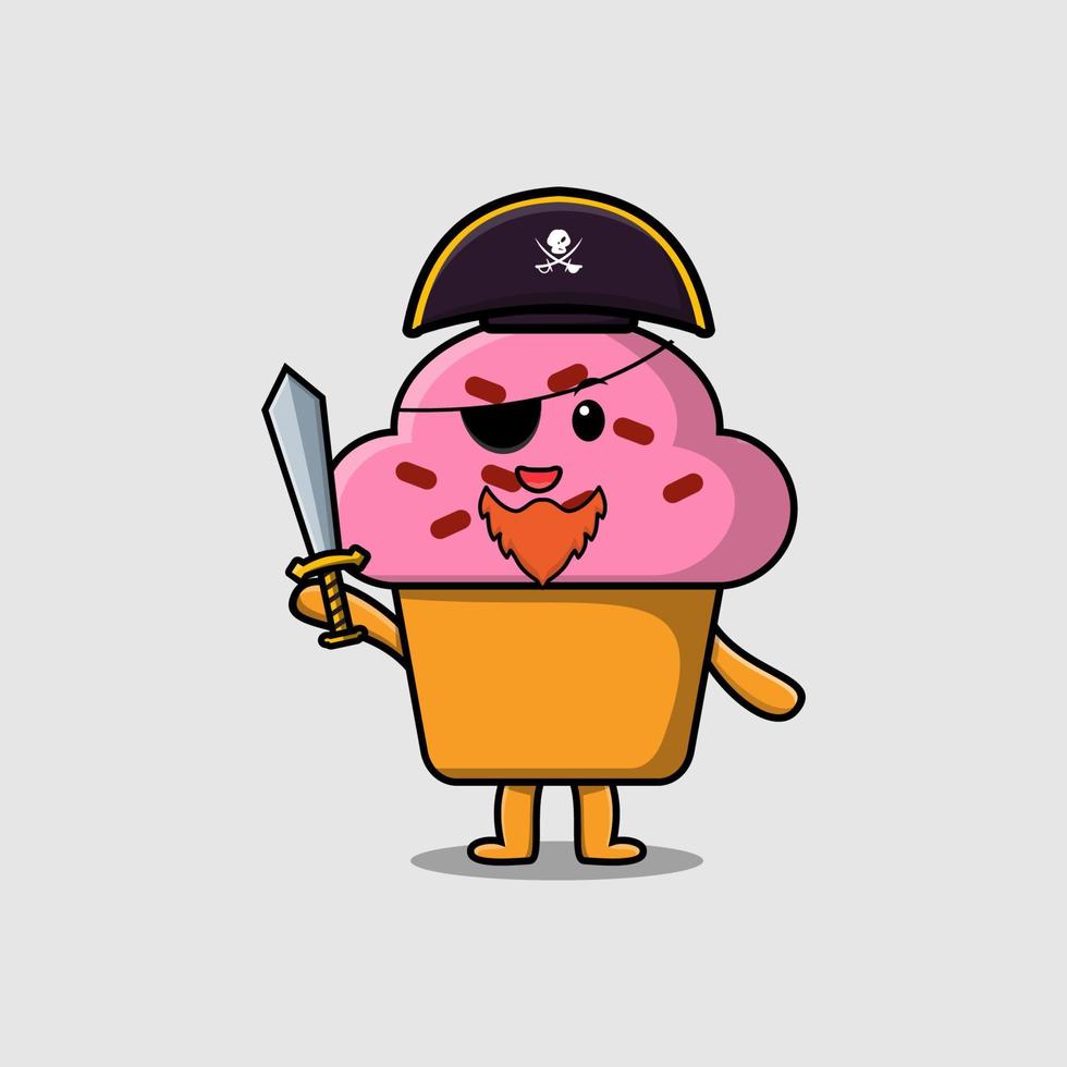söt tecknad serie muffin pirat med hatt och svärd vektor