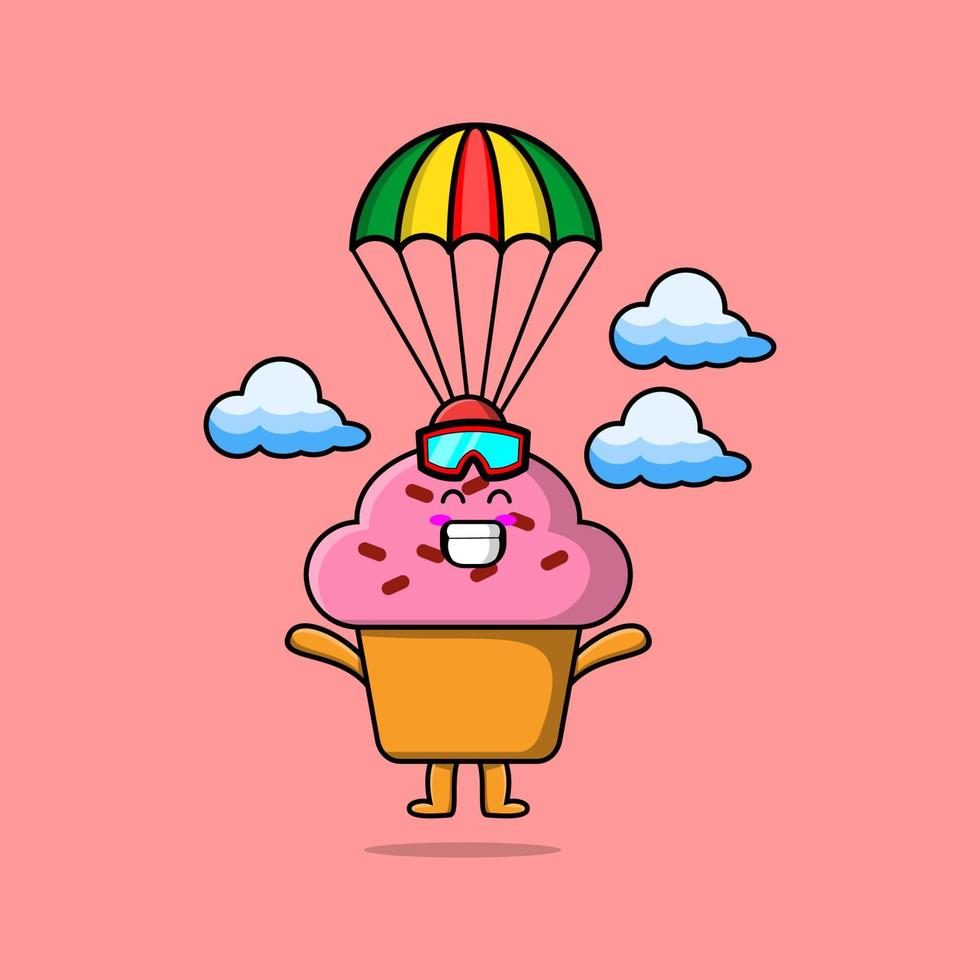 maskot tecknad serie muffin är fallskärmshoppning med fallskärm vektor
