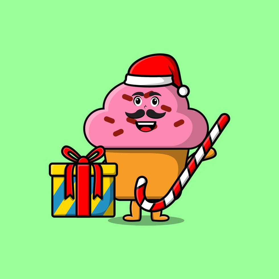 cartoon cupcake weihnachtsmann bringt zuckerstange vektor