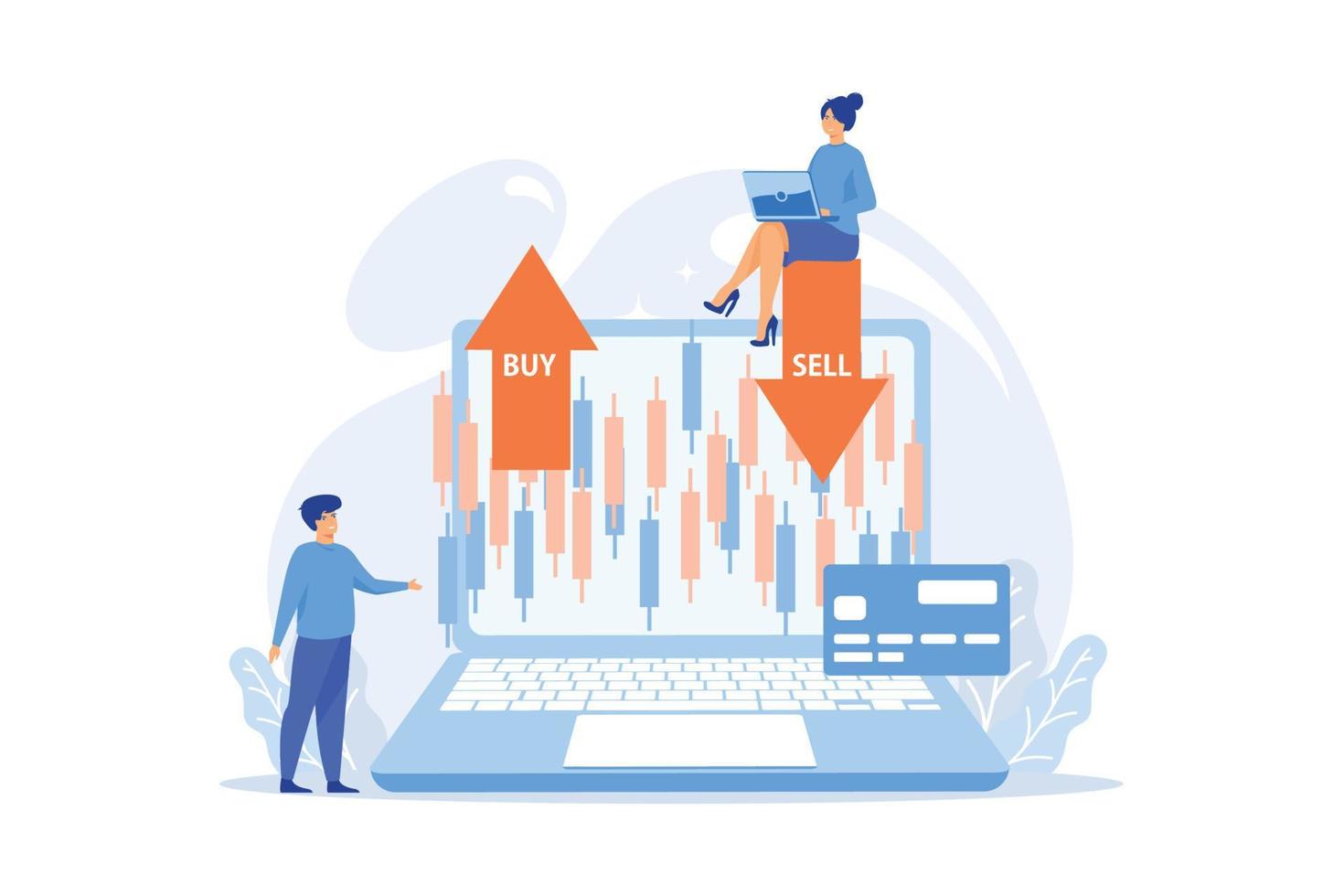 kleine leute aktienhändler am laptop mit grafikdiagramm kaufen und verkaufen aktien. börsenindex, börsenmaklerunternehmen, börsendatenkonzept, flache vektormoderne illustration vektor