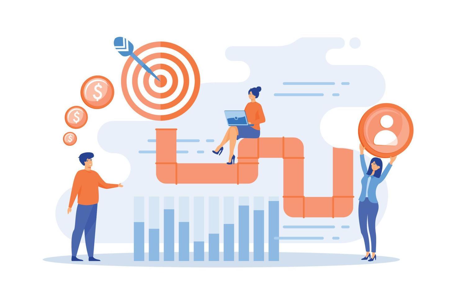 Vertriebsmitarbeiter und Manager analysieren die Vertriebspipeline. Vertriebspipeline-Management, Darstellung von Verkaufsaussichten, Lebenszykluskonzept für Kundenaussichten, moderne Illustration des flachen Vektors vektor