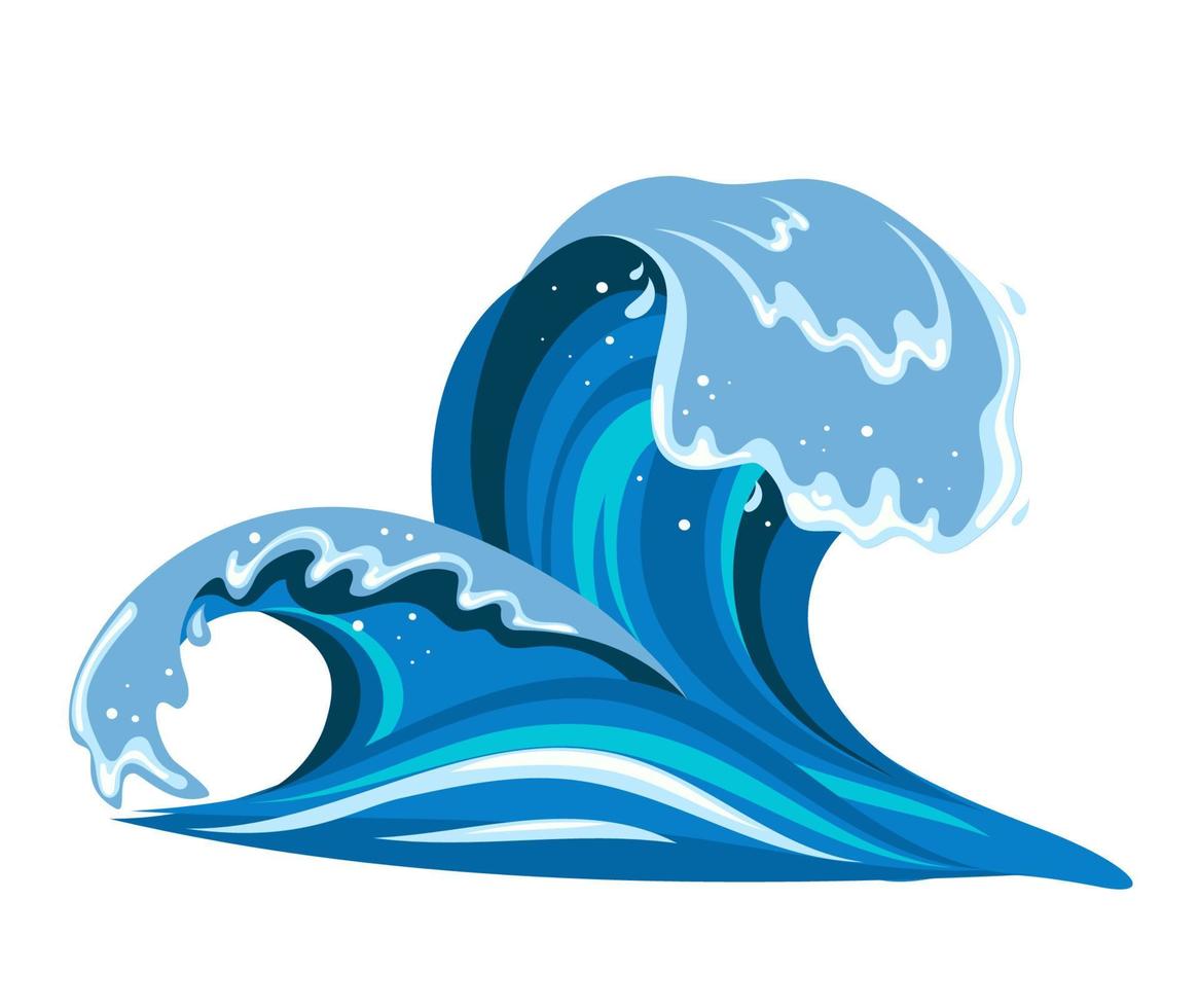 tsumani Vinka i platt tecknad serie stil. stor blå tropisk vatten stänk med vit skum. vektor illustration isolerat i vit bakgrund