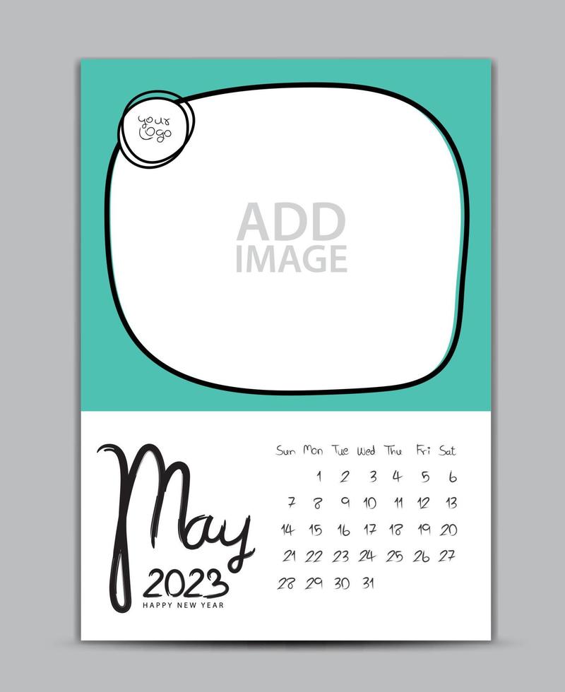 kalender 2023 år design - Maj 2023, vägg kalender 2023 år, text kalender, skrivbord kalender mall, vecka börjar på söndag, utskrift, reklam, grön bakgrund, vektor