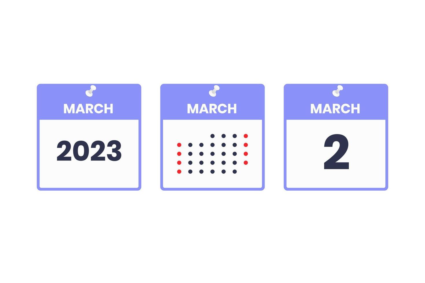 2. März Kalender-Design-Ikone. Kalenderplan 2023, Termin, wichtiges Datumskonzept vektor