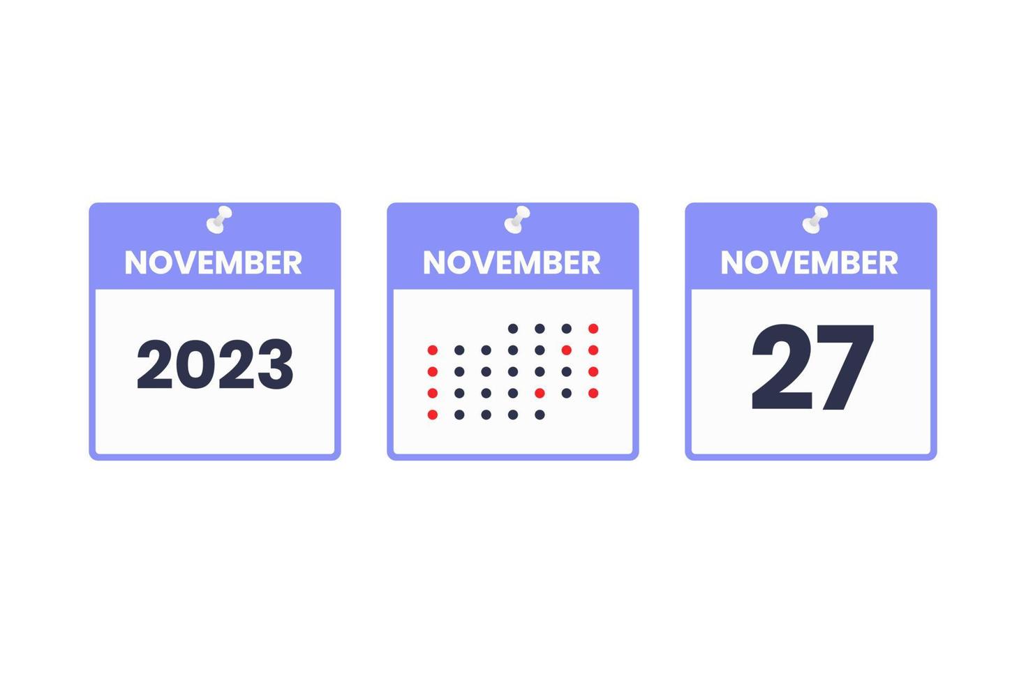 27. November Kalender-Design-Ikone. Kalenderplan 2023, Termin, wichtiges Datumskonzept vektor