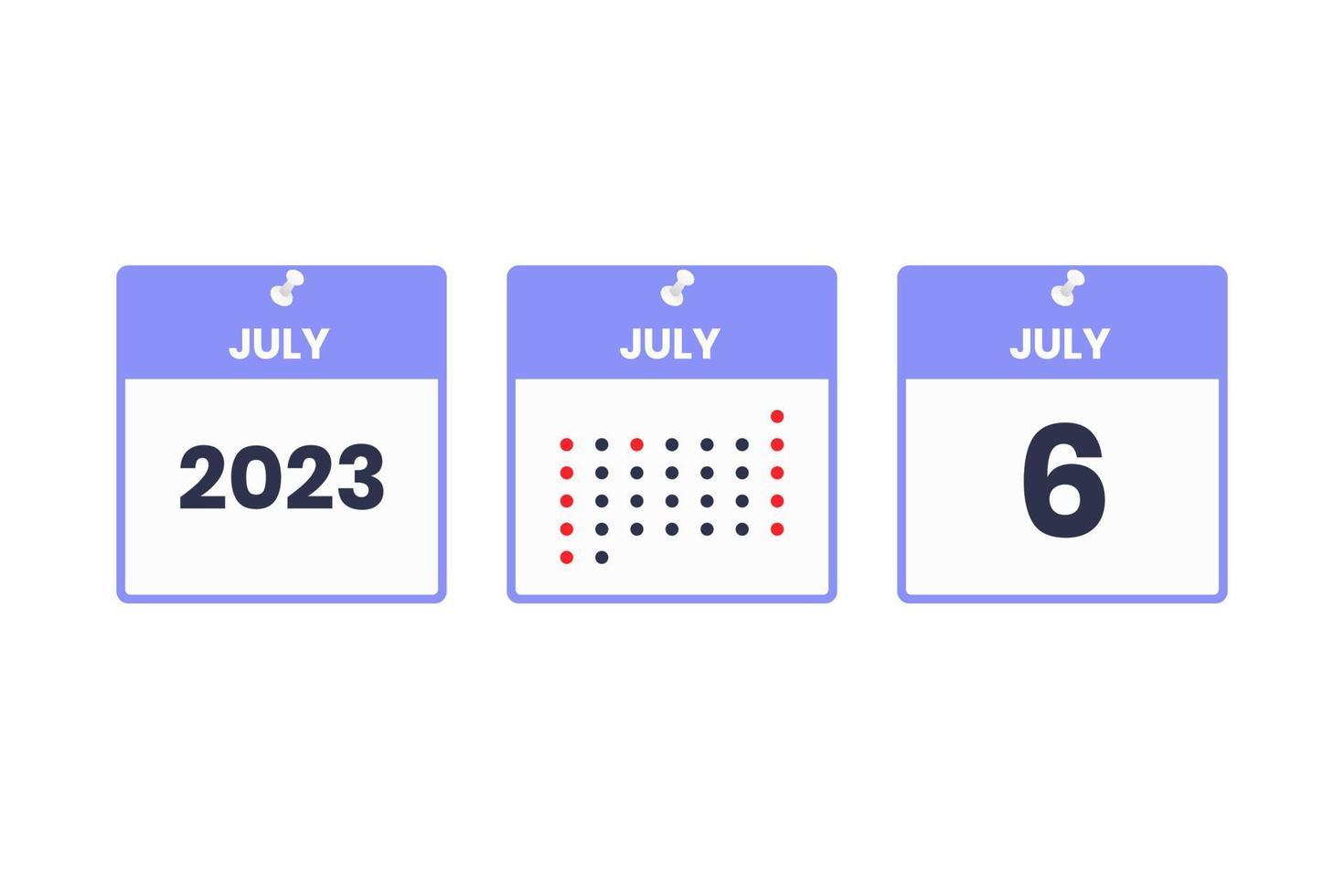 6. Juli Kalender-Design-Ikone. Kalenderplan 2023, Termin, wichtiges Datumskonzept vektor