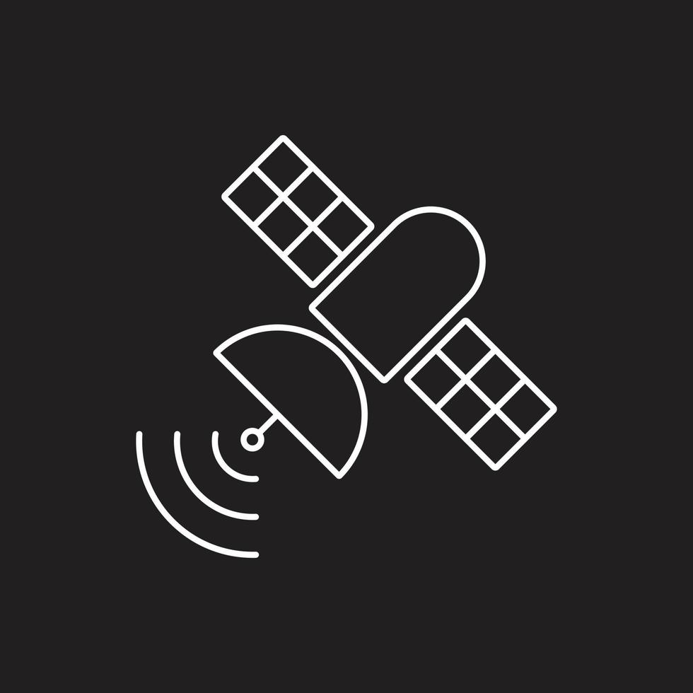 eps10 weißer Vektor künstlicher Satellit im Orbit um das Erdsymbol isoliert auf schwarzem Hintergrund. Broadcast-Umriss in einem einfachen, flachen, trendigen, modernen Stil für Ihr Website-Design, Logo und Ihre mobile App