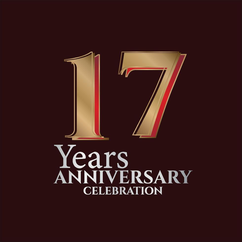 17:e år årsdag logotyp guld och röd Färg isolerat på elegant bakgrund, vektor design för hälsning kort och inbjudan kort