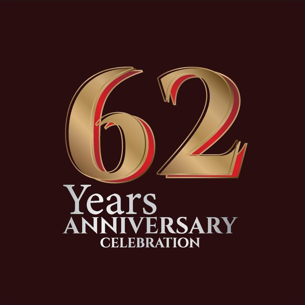 62: a år årsdag logotyp guld och röd Färg isolerat på elegant bakgrund, vektor design för hälsning kort och inbjudan kort