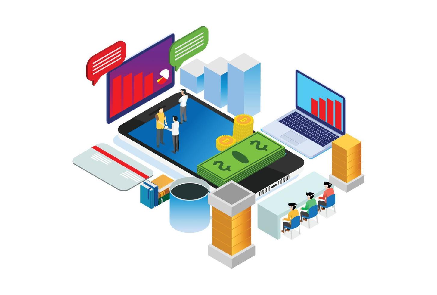 moderne isometrische on-line-börsentechnologieillustration im weißen lokalisierten hintergrund mit leuten und digitalem zugehörigem vermögenswert vektor