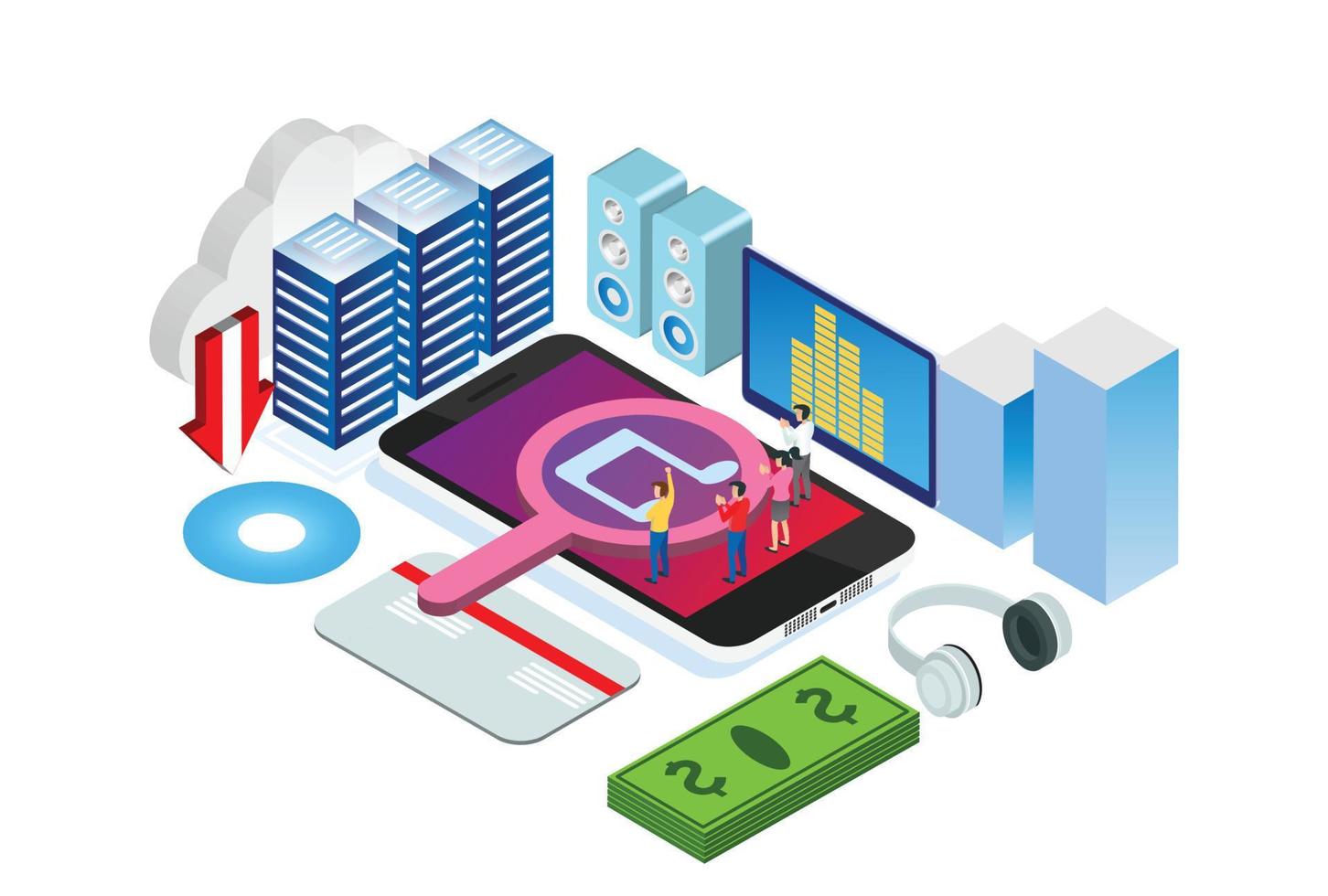 modern isometrisk uppkopplad musik underhållning teknologi illustration i vit isolerat bakgrund med människor och digital relaterad tillgång vektor