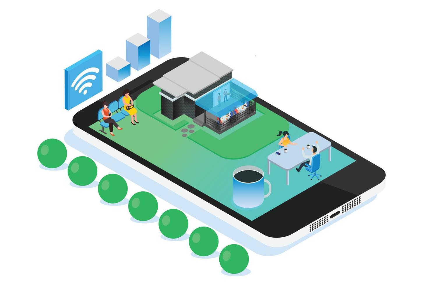 modern isometrisk smart uppkopplad Kafé bokning, lämplig för diagram, infografik, illustration, och Övrig grafisk relaterad tillgångar vektor