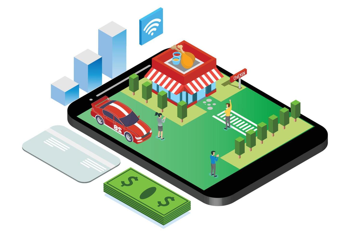 modern isometrisk smart snabbmat beställning illustration, lämplig för diagram, infografik, bok illustration, spel tillgång, och Övrig grafisk relaterad tillgångar vektor