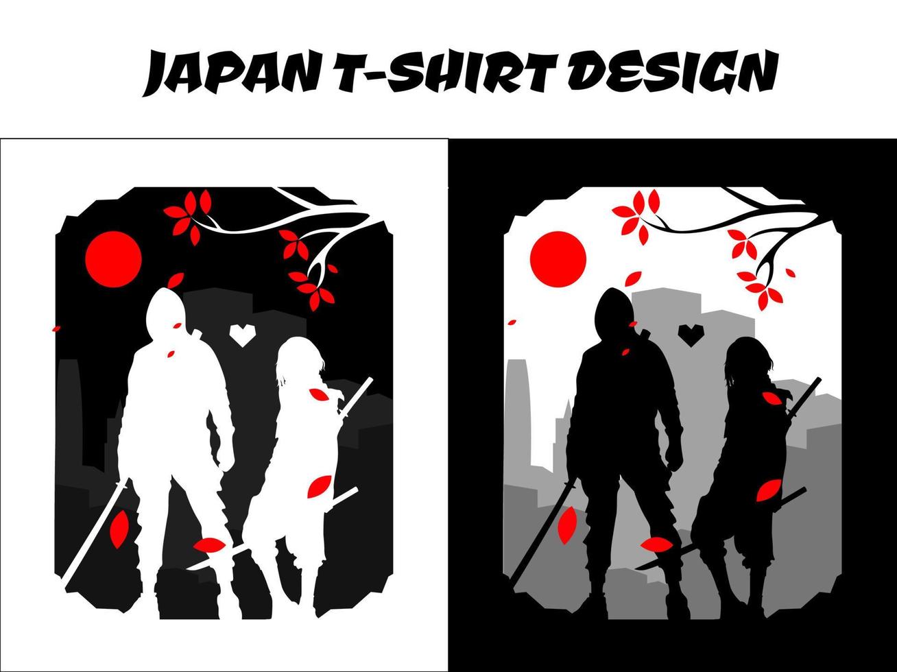 silhuett av en par samuraj i de natt, urban samuraj, silhuett japan samuraj vektor för design t skjorta begrepp, silhuett samuraj, japansk t-shirt design, silhuett för en japansk tema