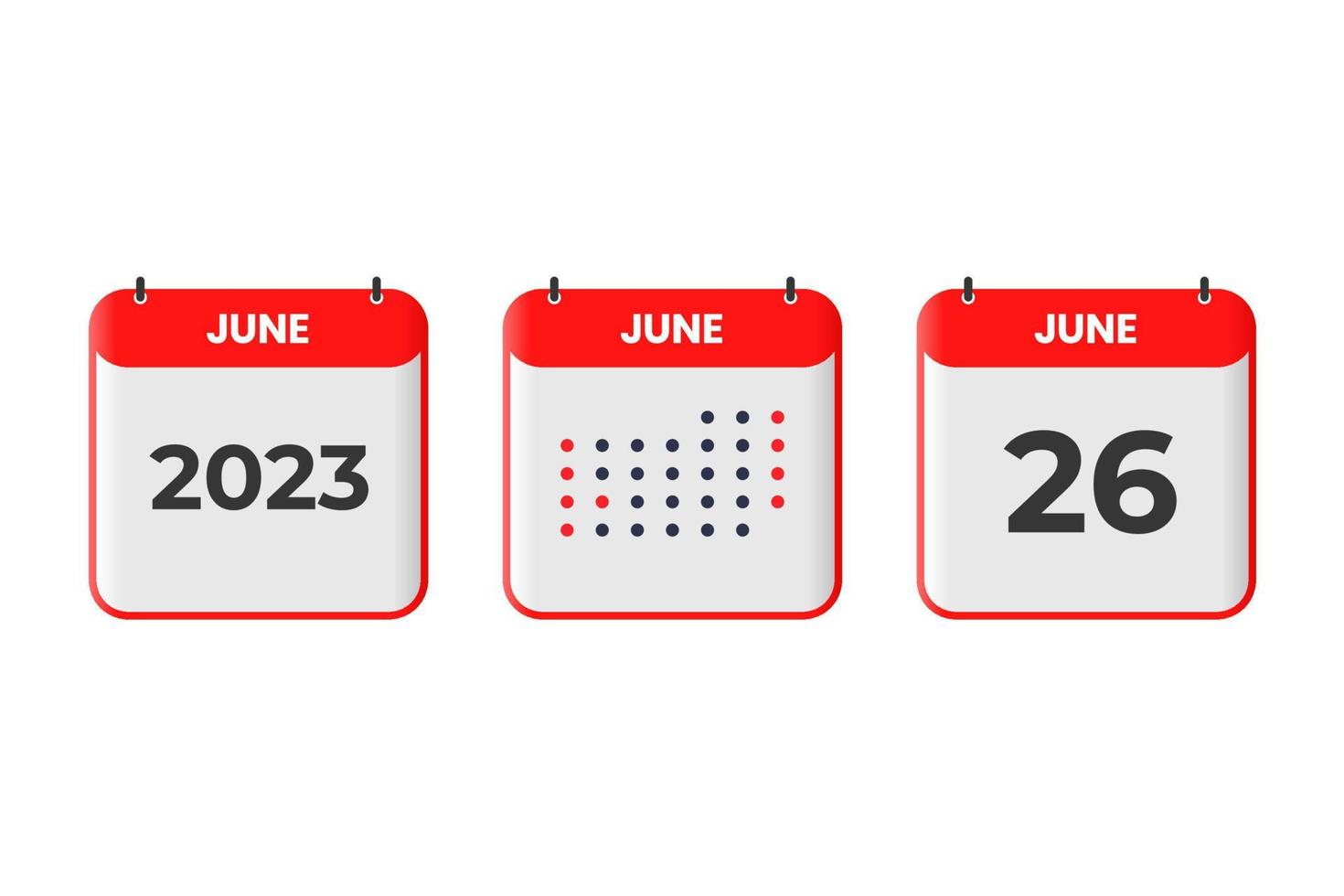 26. Juni Kalender-Design-Ikone. Kalenderplan 2023, Termin, wichtiges Datumskonzept vektor