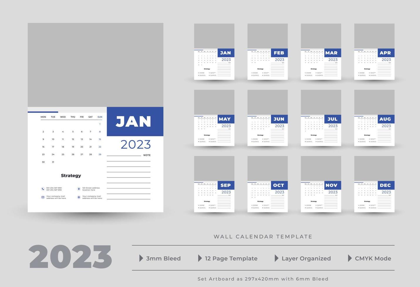 2023 vägg kalender mall vektor