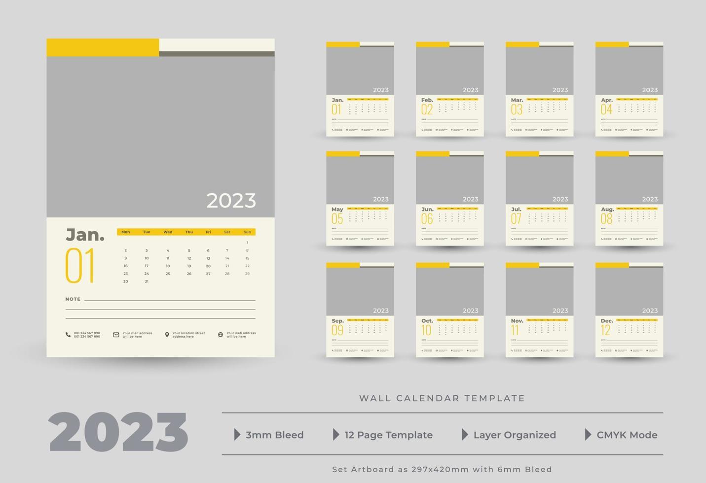 2023 Wandkalender 12 Seiten Vorlage vektor