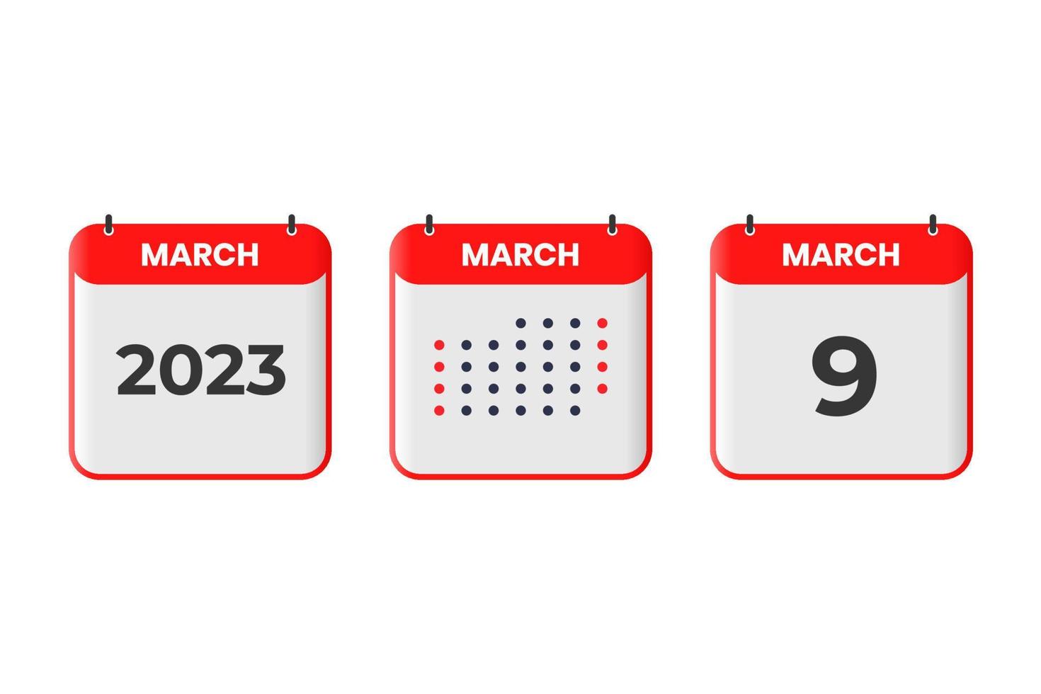 Mars 9 kalender design ikon. 2023 kalender schema, utnämning, Viktig datum begrepp vektor