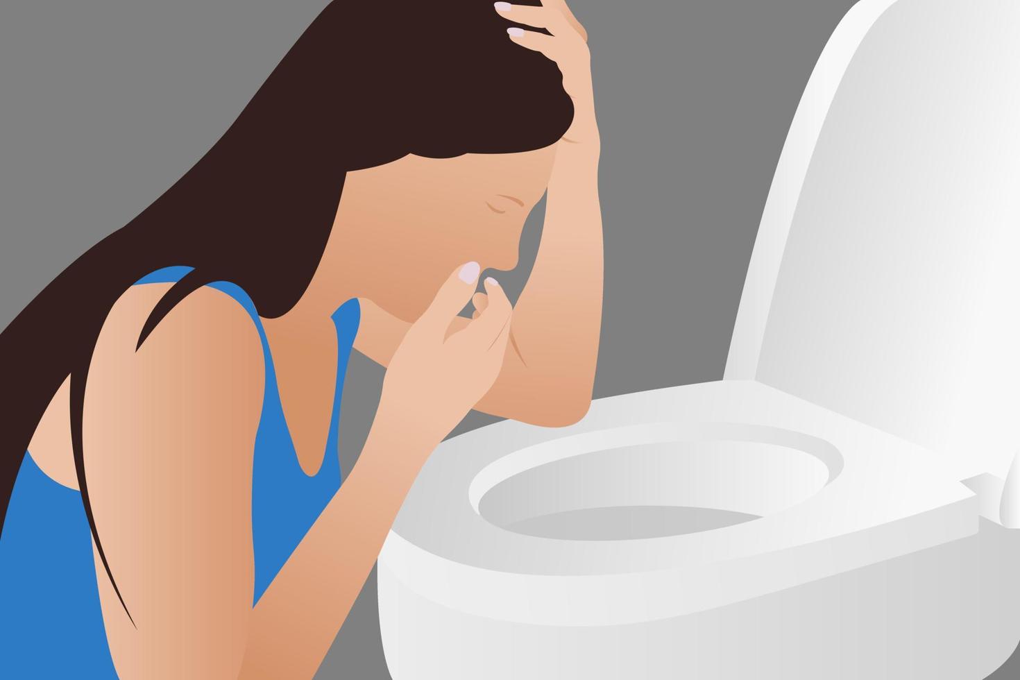 en ung kvinna kastar upp över de toalett på ett tidigt skede av graviditet, eller efter dricka vektor