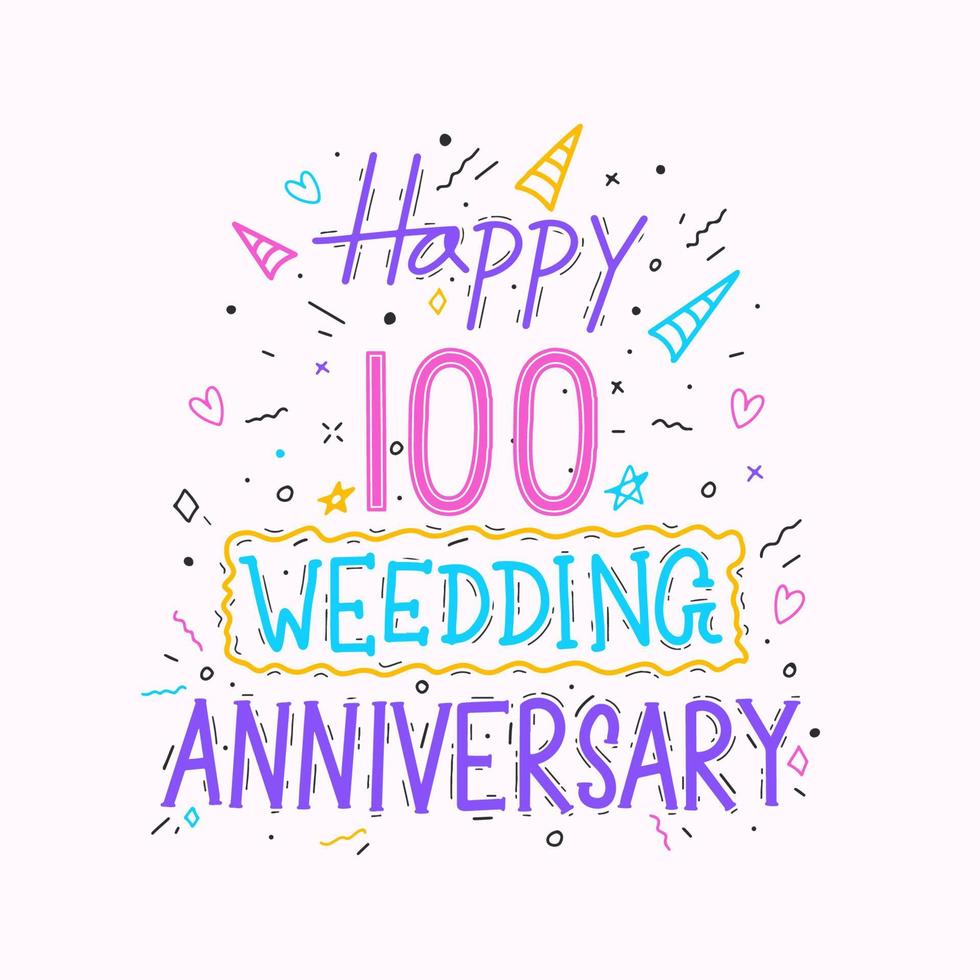 Lycklig 100:e bröllop årsdag hand text. 100 år årsdag firande hand teckning typografi design vektor