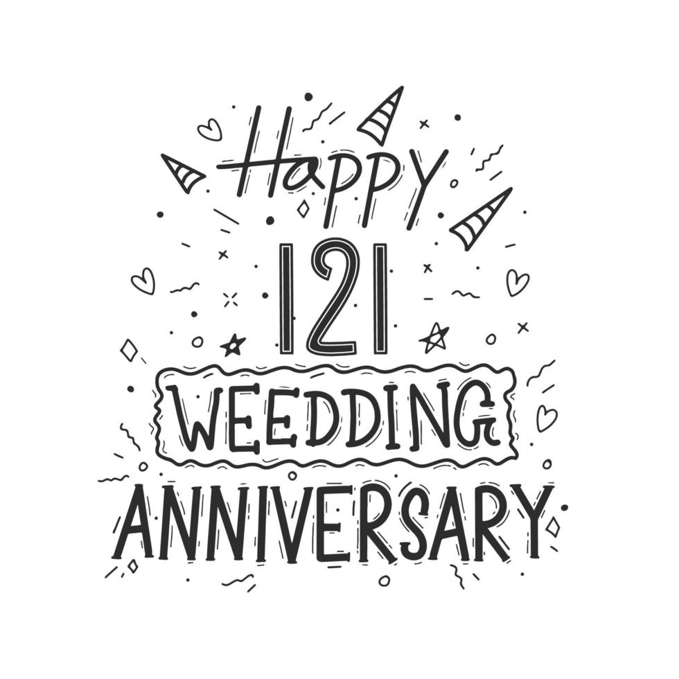 121 år årsdag firande hand teckning typografi design. Lycklig 121:a bröllop årsdag hand text vektor