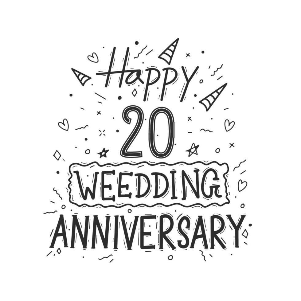 20 år årsdag firande hand teckning typografi design. Lycklig 20:e bröllop årsdag hand text vektor