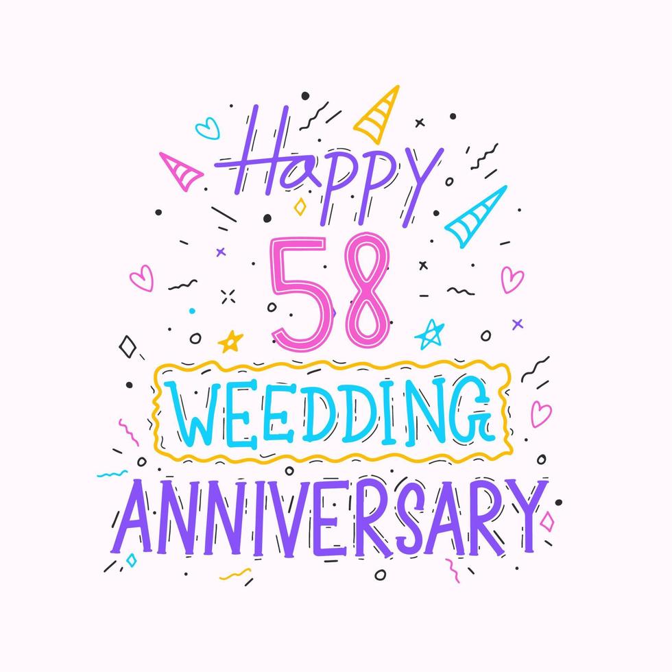 Lycklig 58: e bröllop årsdag hand text. 58 år årsdag firande hand teckning typografi design vektor