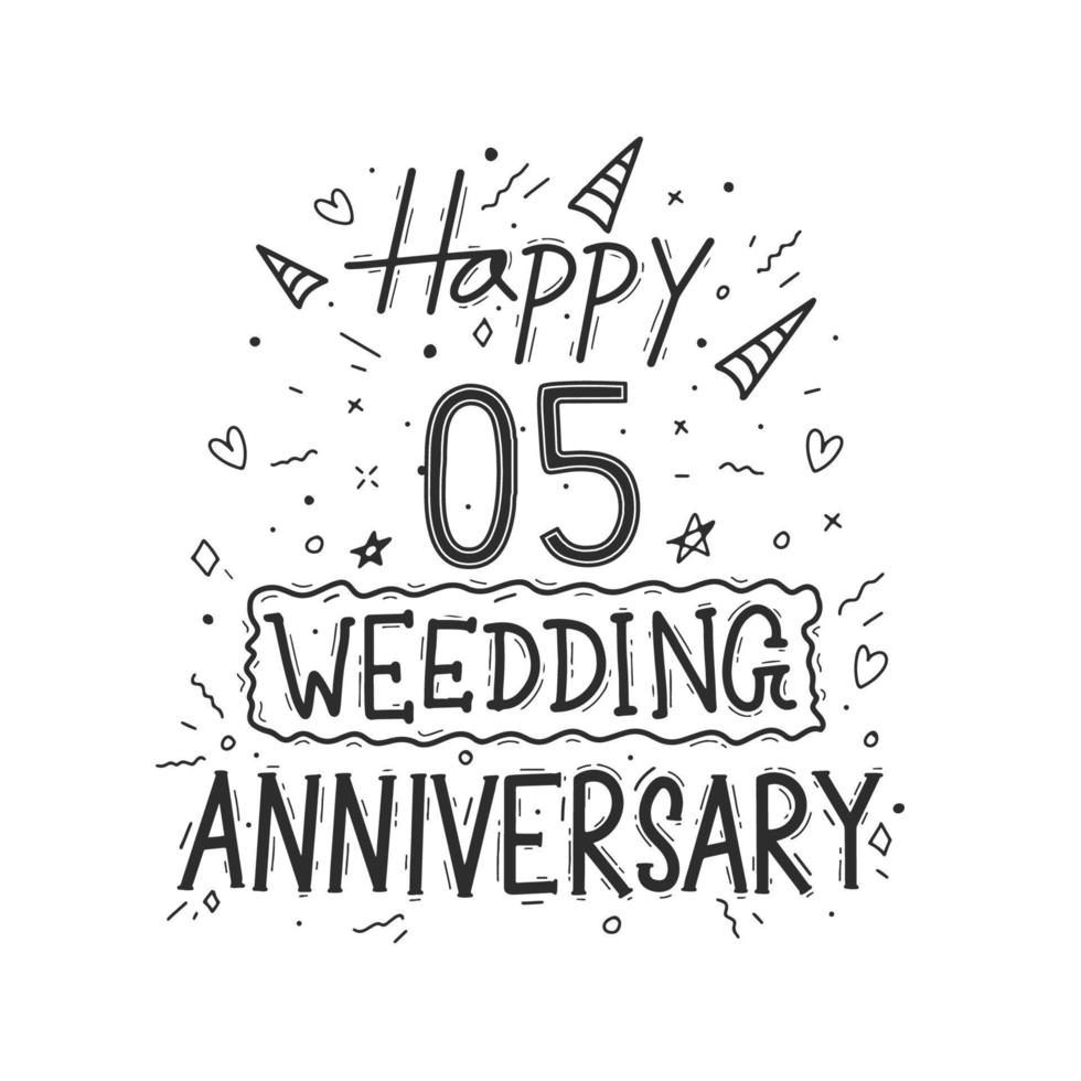 5 år årsdag firande hand teckning typografi design. Lycklig 5:e bröllop årsdag hand text vektor