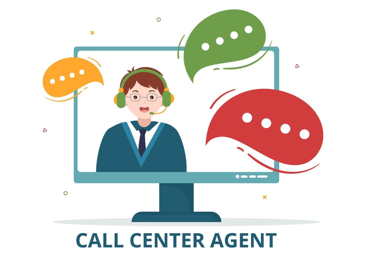 Call-Center-Agent des Kundendienstes oder Hotline-Betreiber mit Headsets und Computern in flacher, handgezeichneter Cartoon-Vorlagenillustration vektor