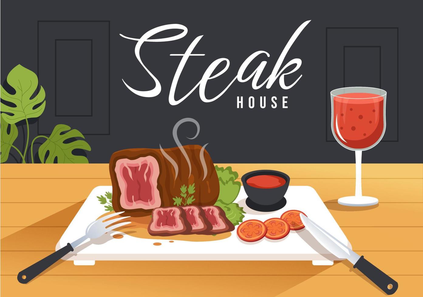 Steakhouse aus gegrilltem Fleisch mit saftigem, köstlichem Steak, Salat und Tomaten zum Grillen in handgezeichneter Schablonenillustration der flachen Karikatur vektor